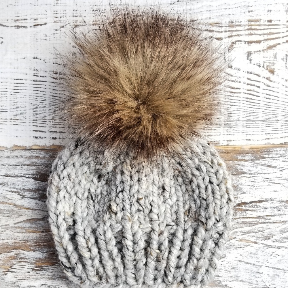 Faux Fur Pom Pom Knit Baby Hat Newborn - 12 Months